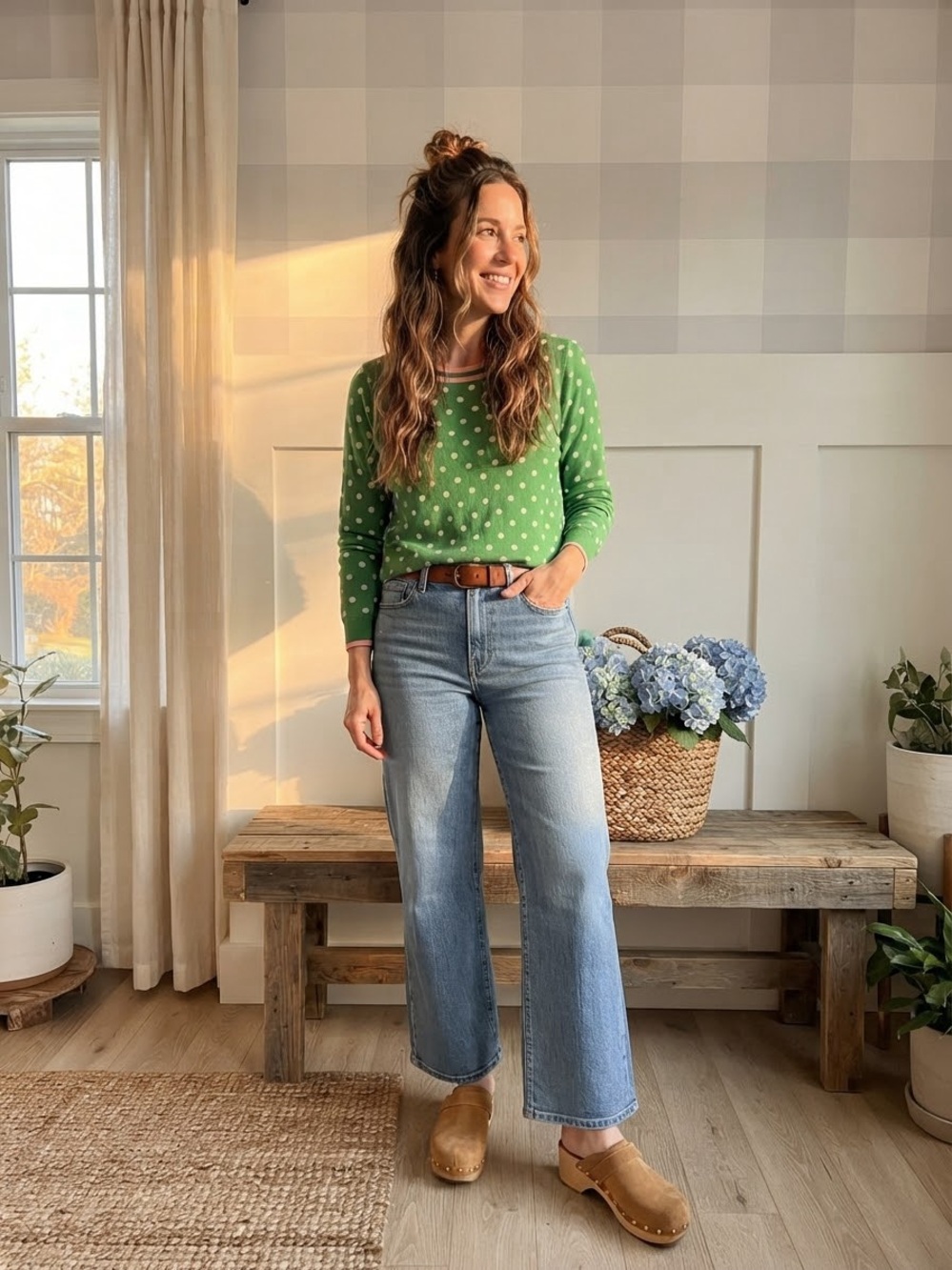 J. Crew Green Polka-Dot Crewneck Sweater with White Dots